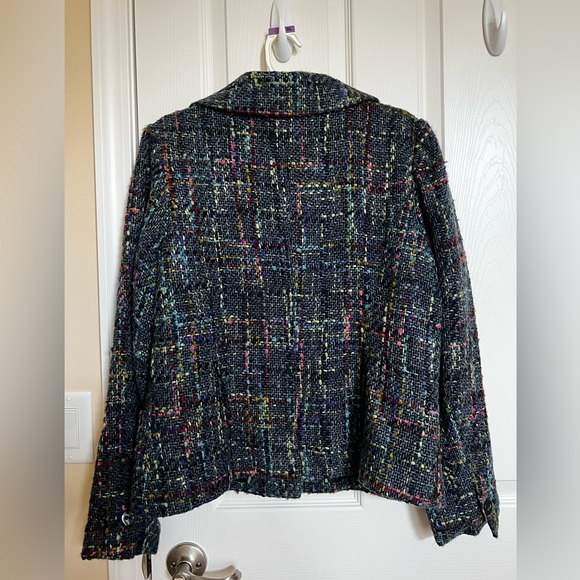 Navy Blue, Multi-Plaid Textured Tweed Retro Blazer/Jacket w/ portrait collar. - Picture 3 of 13